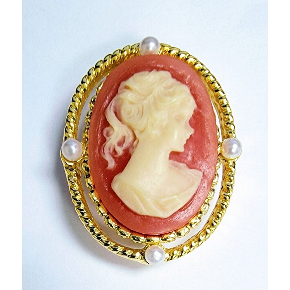 Vintage AAI Cameo Brooch Pin Signed Pink Orange Gold Tone & Faux Pearl